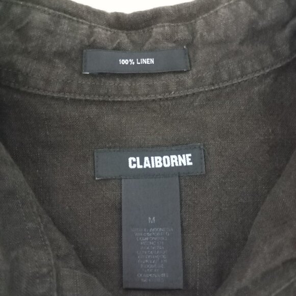 Claiborne 100% Mens Shirt Dark Brown Linen Short Sleeve Button Up Work - Picture 2 of 9